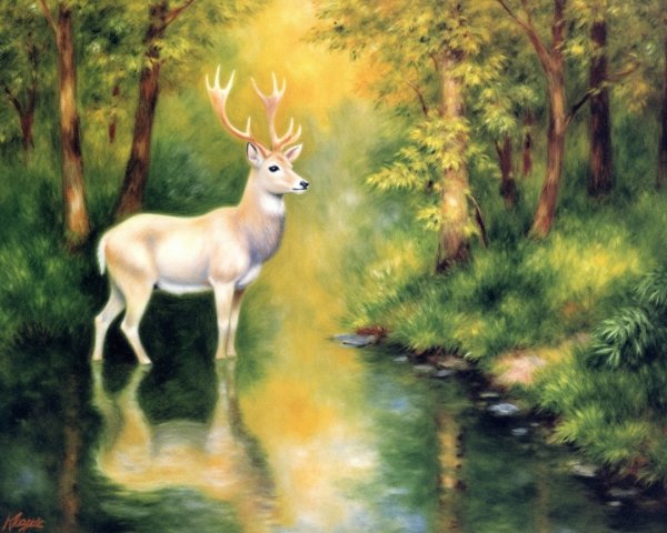 Majestic white deer by a shimmering stream in nature