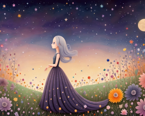 Young girl in silver hair in a vibrant meadow scene