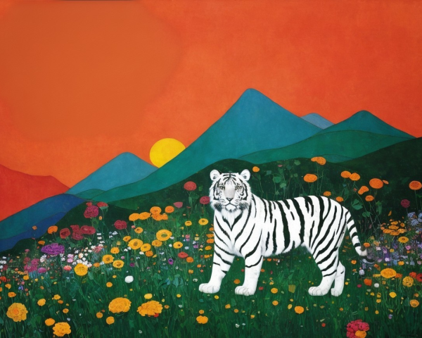 White tiger in a colorful meadow at sunset