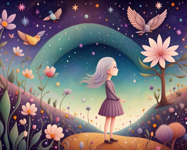 Whimsical Scene of a Girl in a Vibrant Landscape