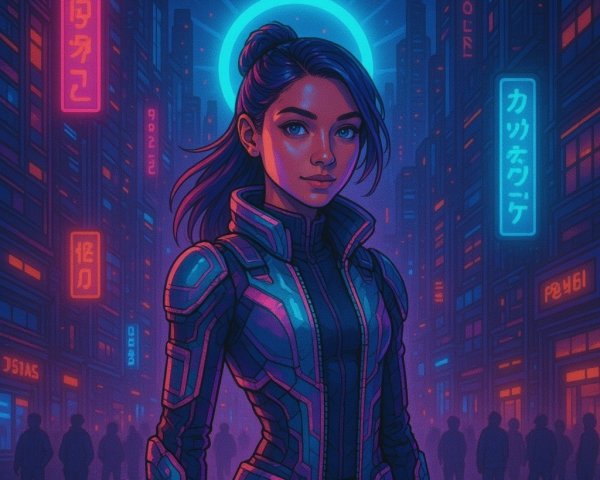 Futuristic cityscape with neon lights and high-tech fashion