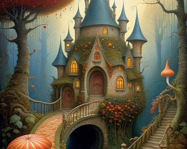 Whimsical Fairy Tale Castle in Misty Forest Setting