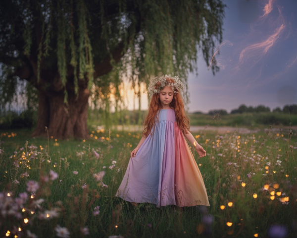 Young girl in pastel dress in flower-filled meadow