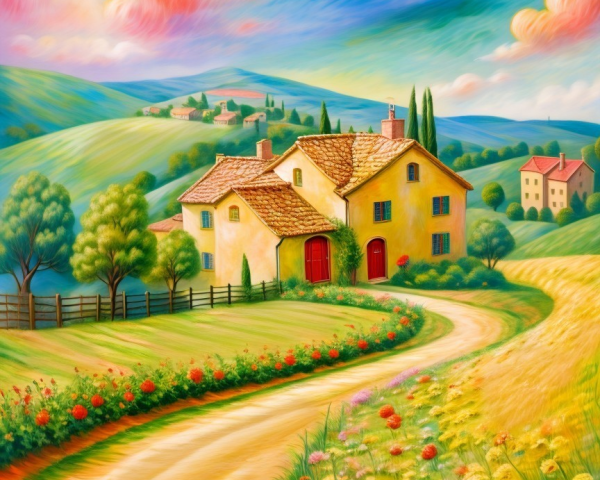 Charming Yellow House in Vibrant Flower Fields