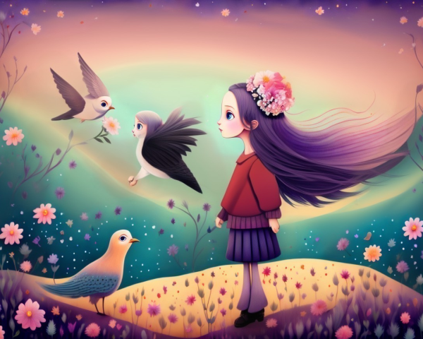 Whimsical Illustration of a Girl in Colorful Landscape