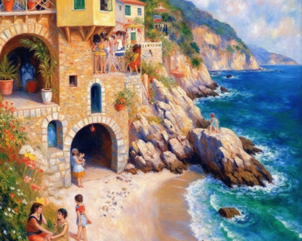 Vibrant Coastal Scene with Stone Houses and Sea