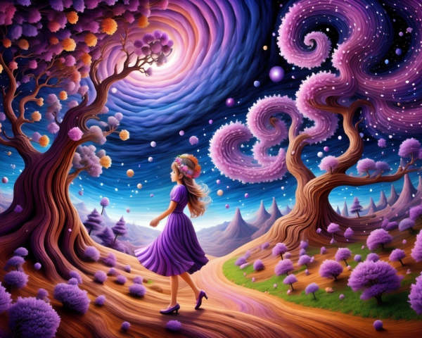 Surreal Landscape with a Girl in a Purple Dress