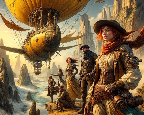 Adventurers in Steampunk Attire Beneath an Airship
