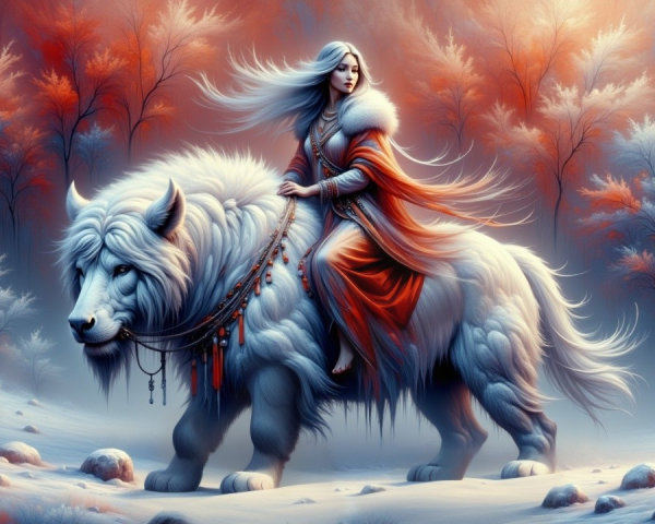 Winter Landscape with Woman on White-Furred Creature