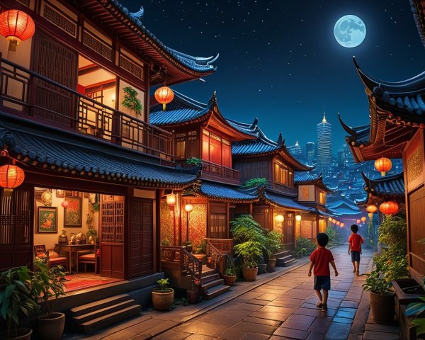 Serene Night Scene in an Ancient Alleyway