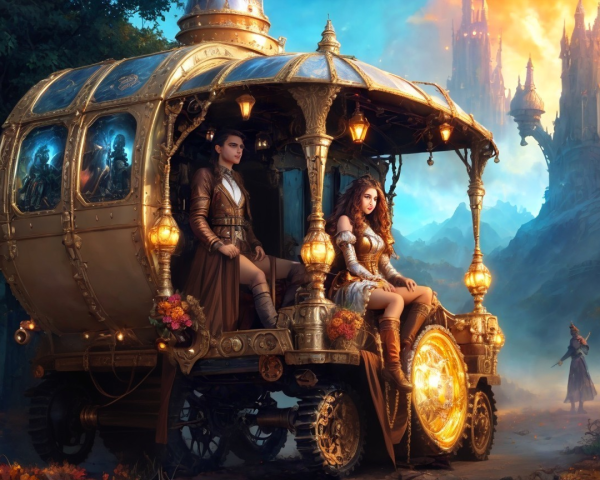 Lavish Golden Carriage with Elegant Women and Castles