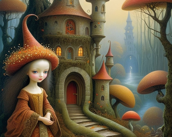 Whimsical Forest Scene with Castle and Young Girl