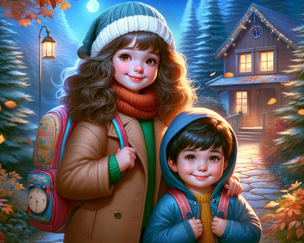 Children in Autumn Forest by Cozy Cabin at Night