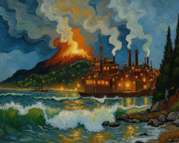 Industrial Port at Twilight with Erupting Volcano