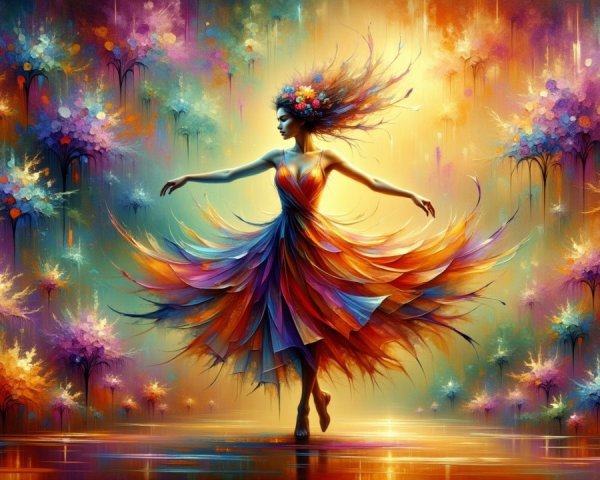 Elegant Figure in Vibrant Multicolored Dress