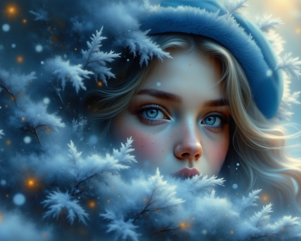 Young woman with blue eyes in a frosty landscape