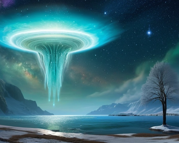 Surreal Landscape with Glowing Vortex and Mountains