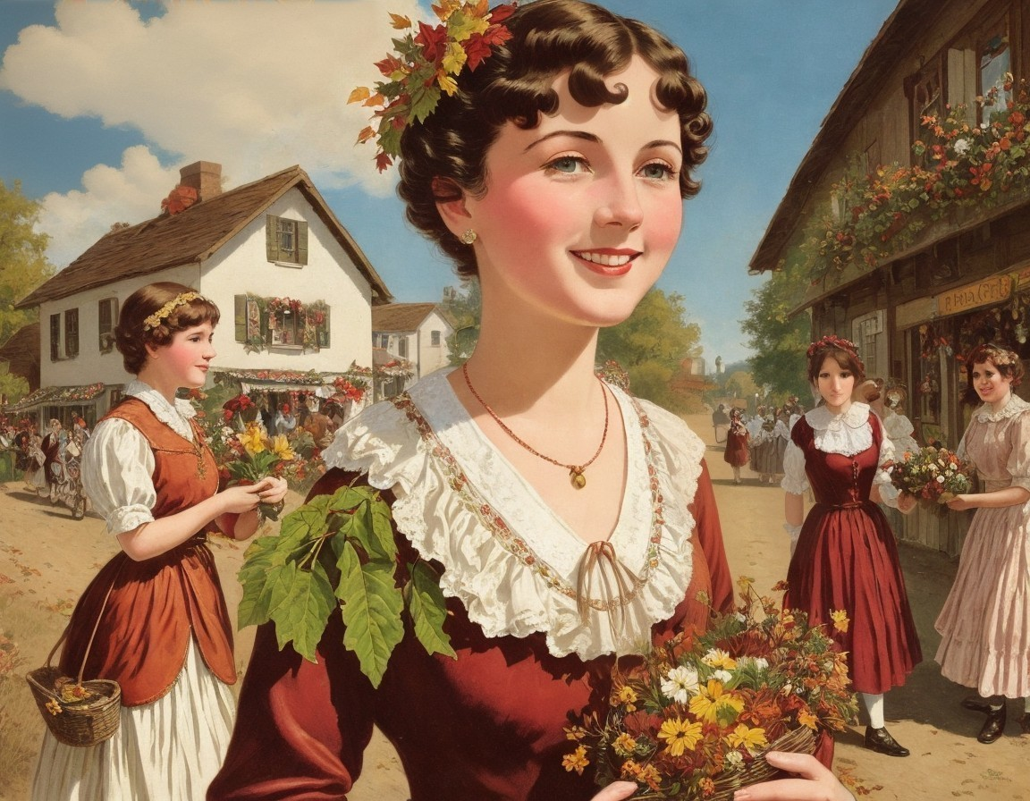 Idyllic Village Scene with Women in Vintage Attire