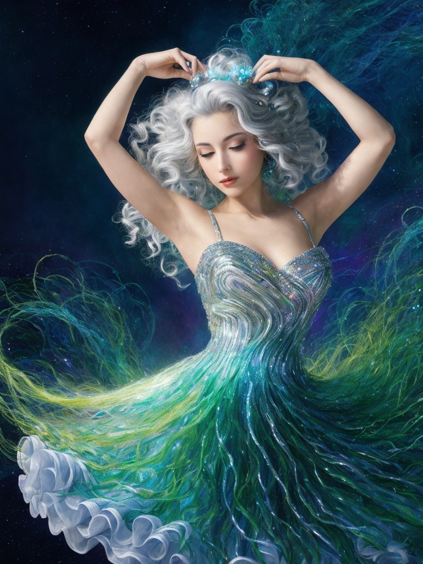 Mystical figure in iridescent gown dances gracefully