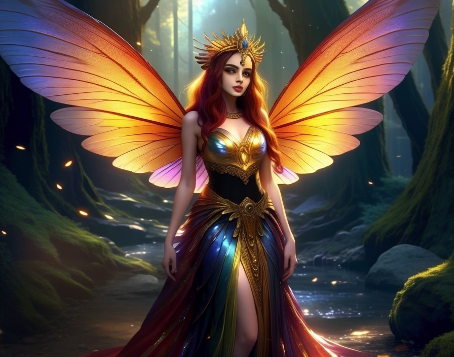 Majestic Fairy in Mystical Forest with Iridescent Wings