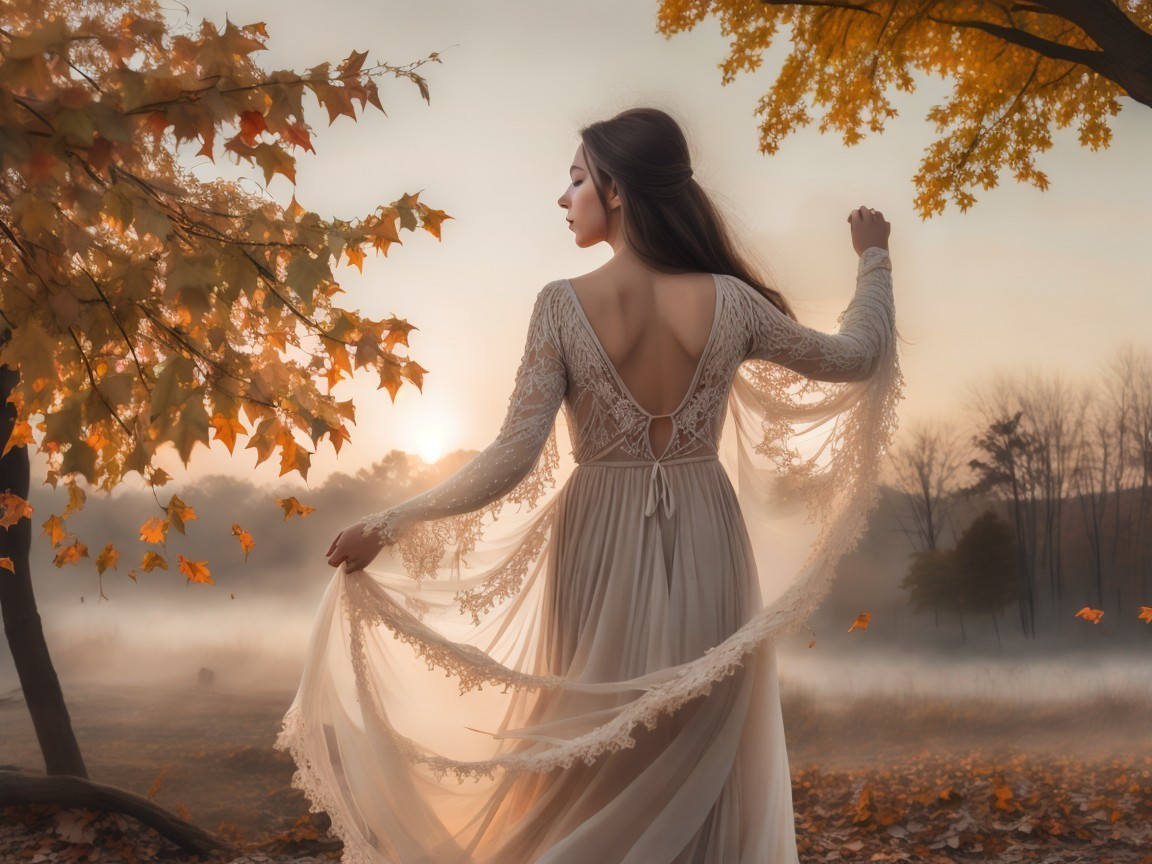 Woman in gown in misty autumn landscape at sunset