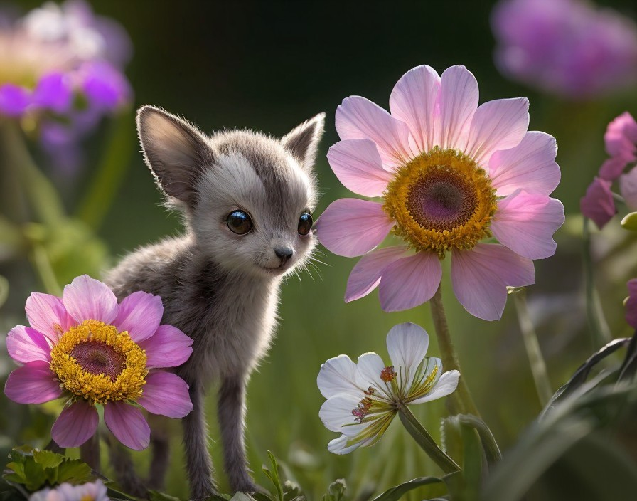Whimsical feline creature in pink flowers and green foliage