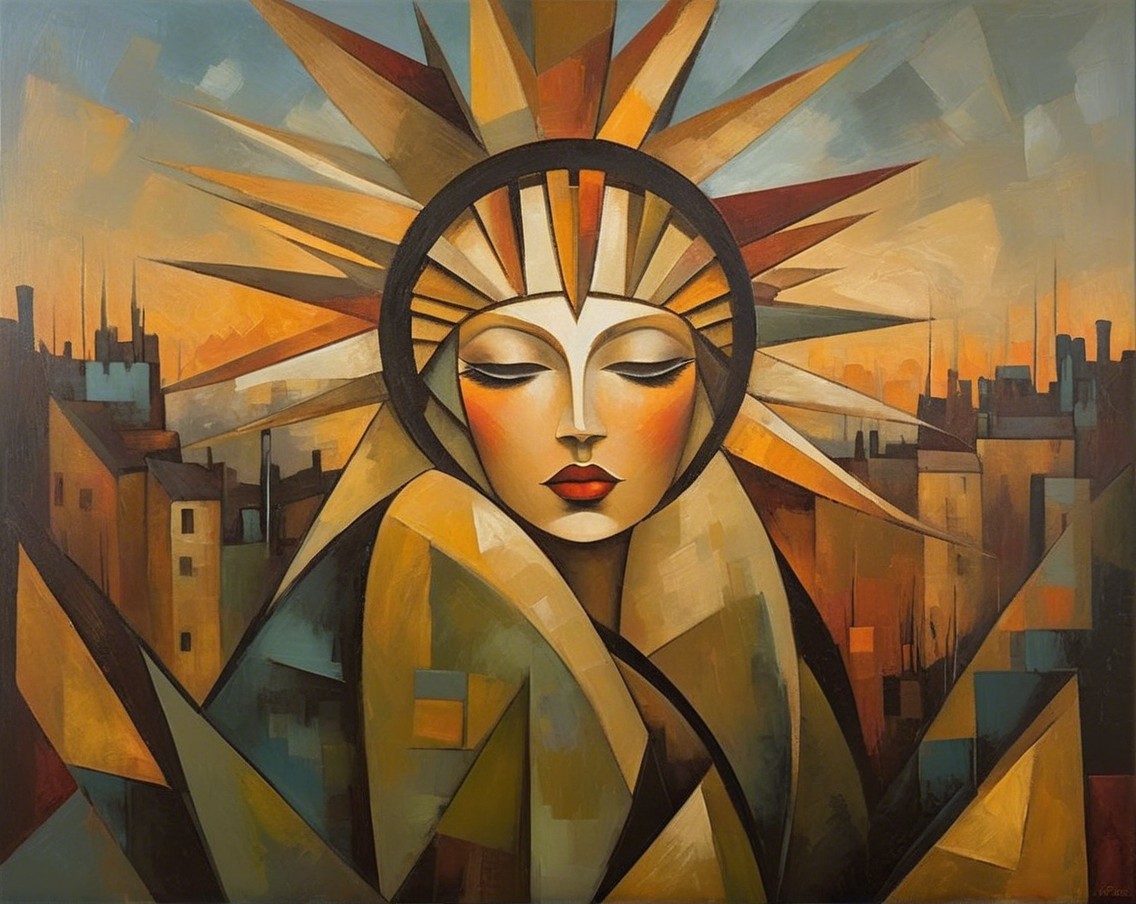 Serene Female Figure with Sun Rays in Urban Landscape