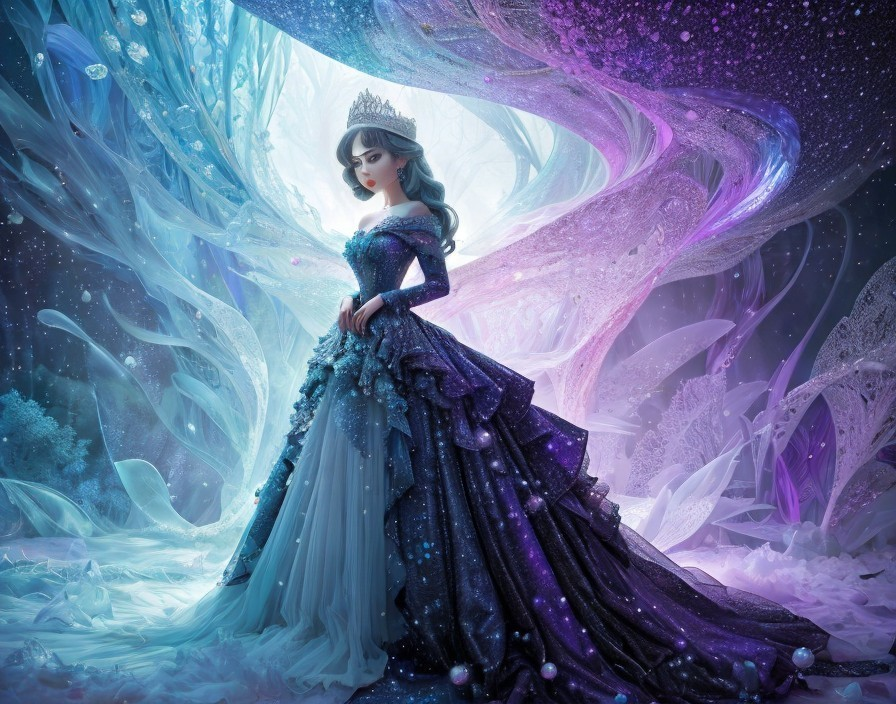 Regal Figure in Celestial Themed Gown and Landscape