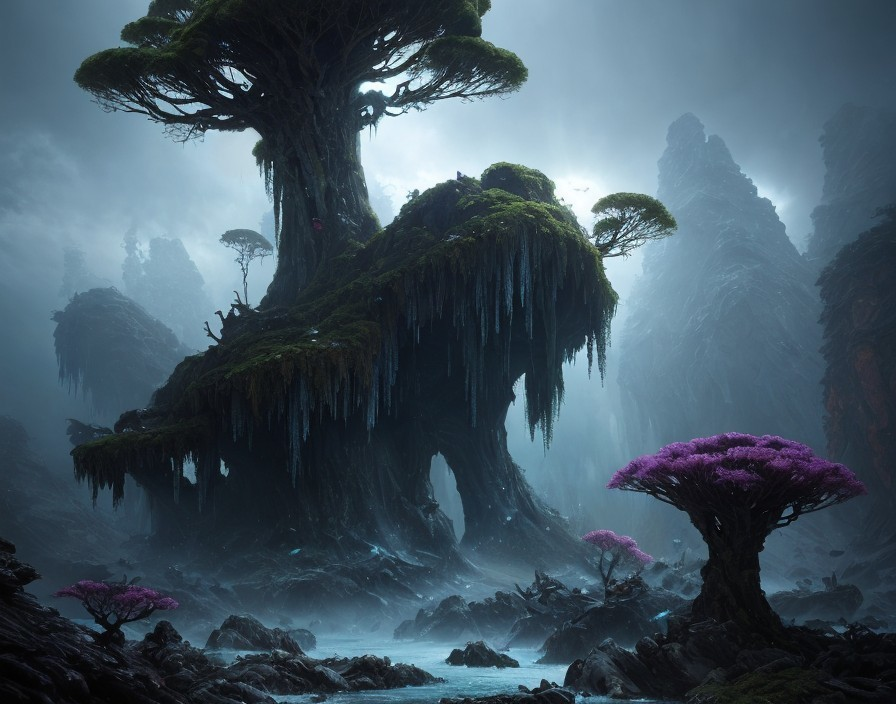 Mystical Landscape with Ancient Trees and Blue Icicles