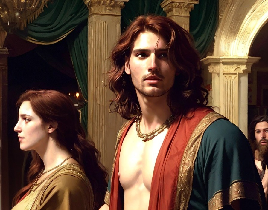 Young man and woman in elaborate historical setting