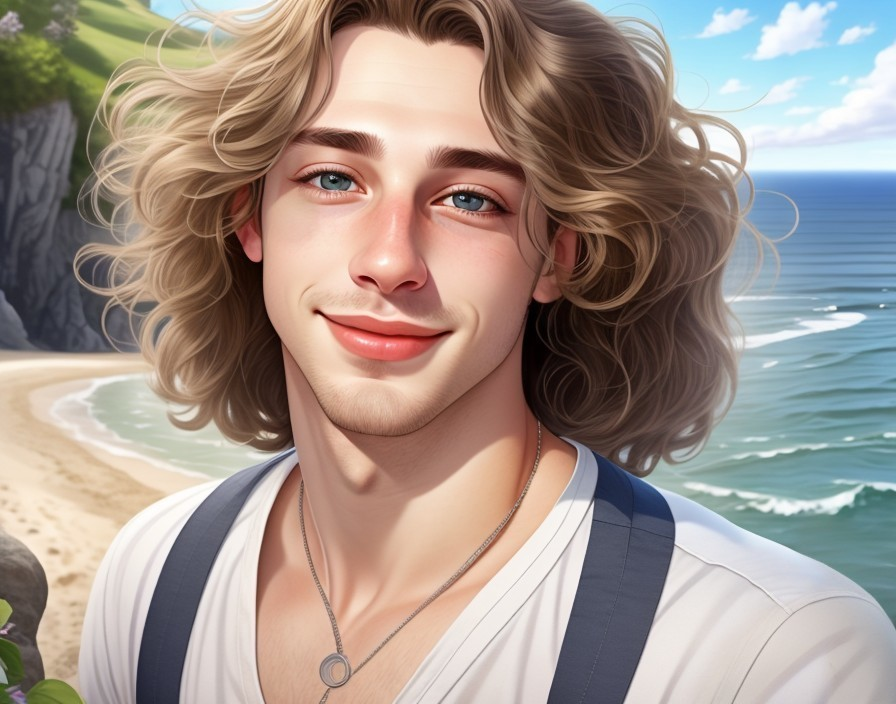 Young man with curly hair at a serene beach setting