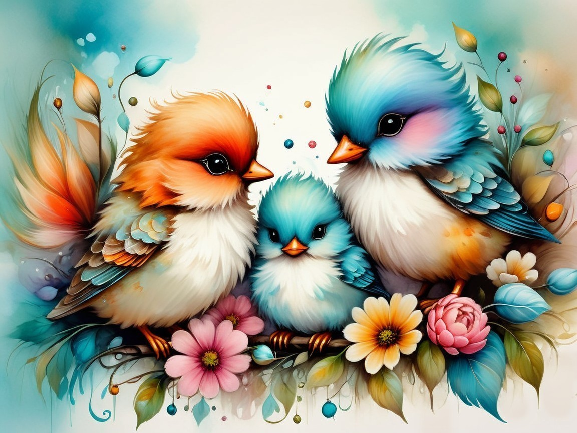 Illustration of Three Colorful Birds on Floral Branch