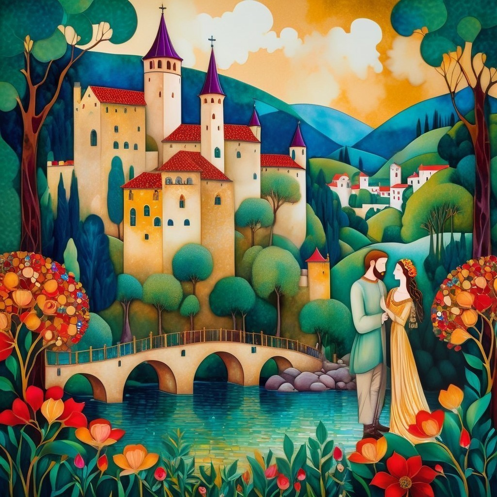 Whimsical Landscape with Couple and Fairy Tale Castle