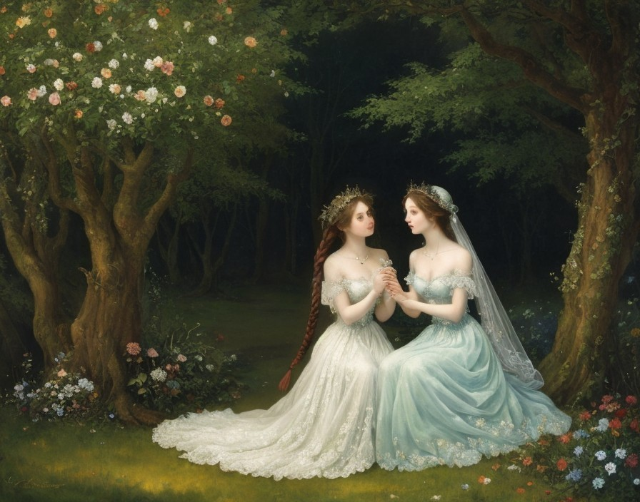 Two women in ornate white dresses amidst blooming trees in a serene forest.