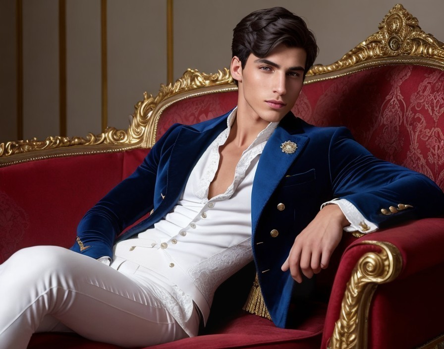 Sophisticated Young Man on Red Velvet Sofa