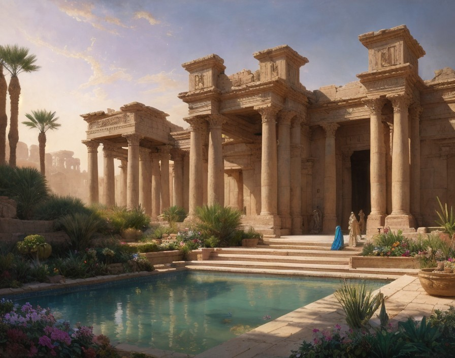 Ancient temple complex with lush greenery and serene pool