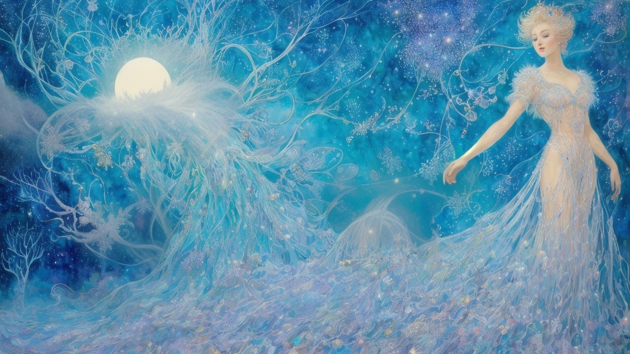 Serene figure in blue fabric against celestial backdrop