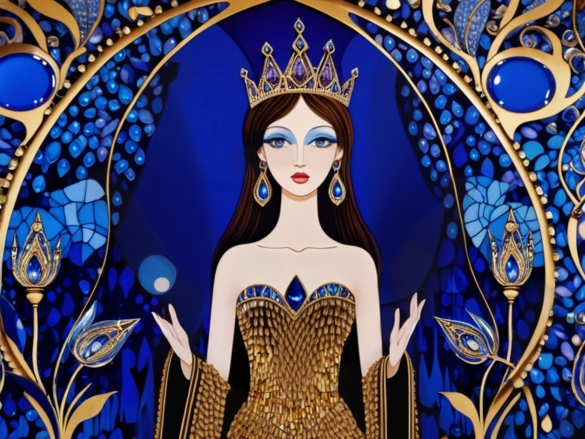 Regal figure in golden gown with blue backdrop and crown