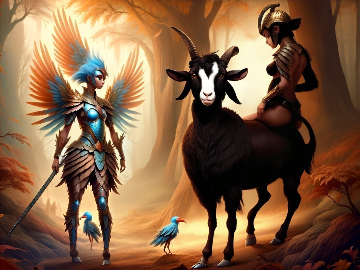 Warrior with Blue Wings and Black Goat in Enchanted Forest