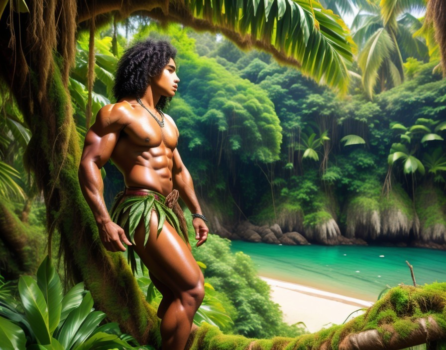Muscular Figure in Tropical Paradise with Turquoise Water