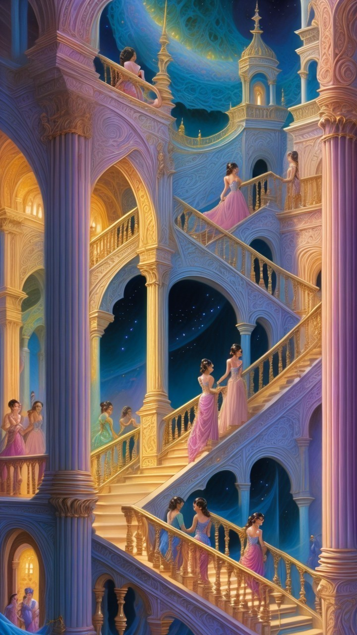 Majestic Palace with Grand Staircase and Starry Sky