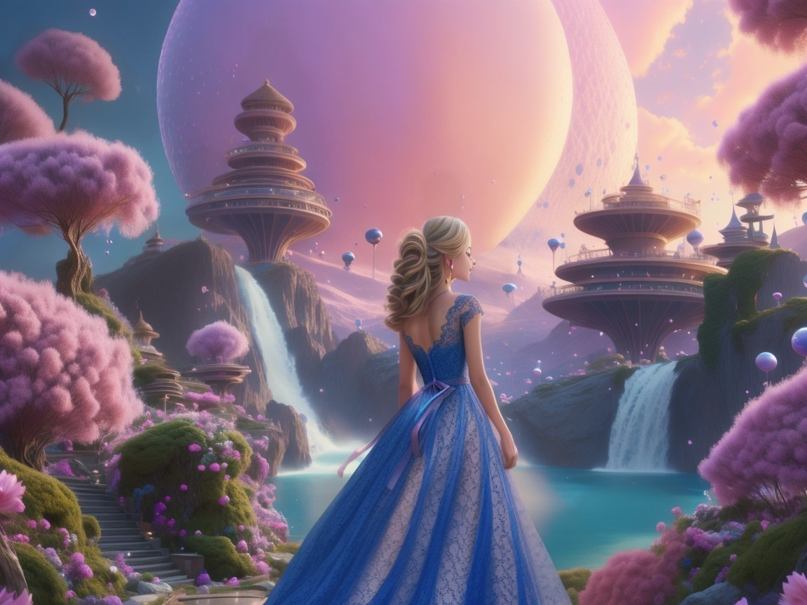 Young Woman in Blue Gown Amidst Fantasy Landscape