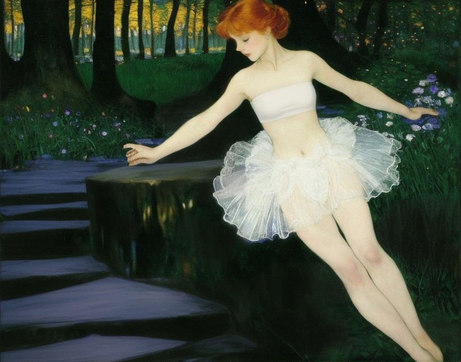 Dancer in White Tutu Posed in Serene Forest Setting