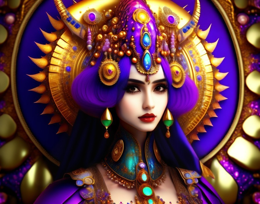 Regal Figure in Purple and Gold with Intricate Headdress