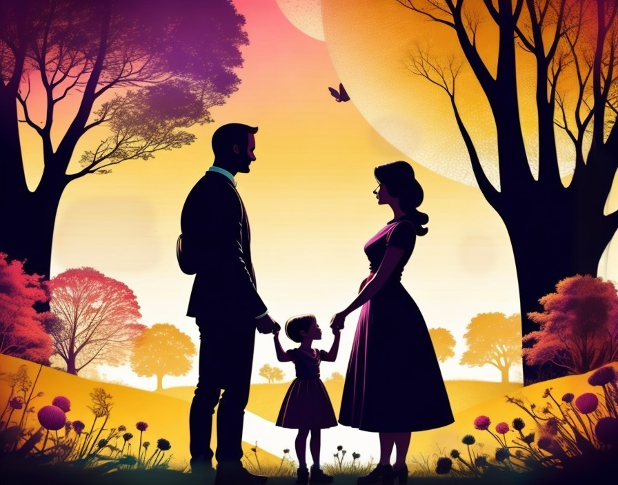 Silhouette of Family Against Vibrant Sunset Scene
