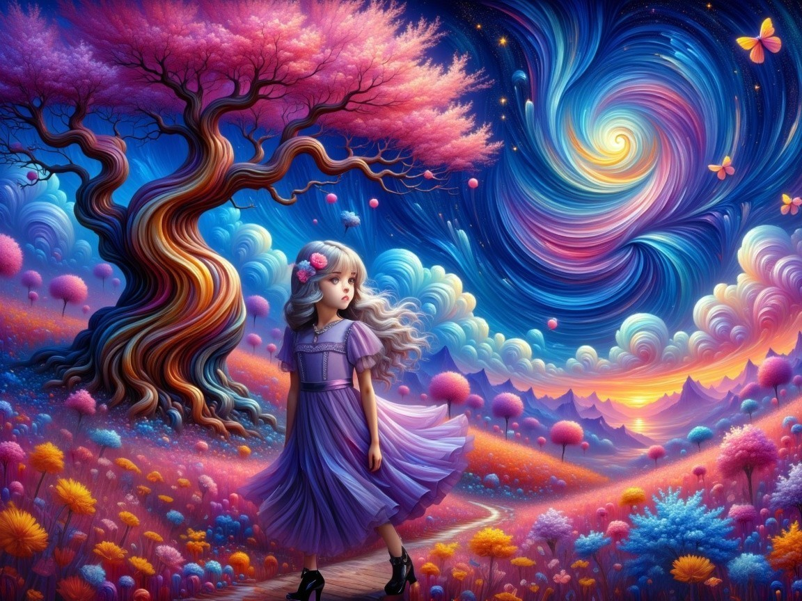 Whimsical Landscape with Girl in Purple Dress