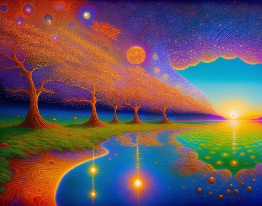 Surreal Landscape with Abstract Trees and Cosmic Sky