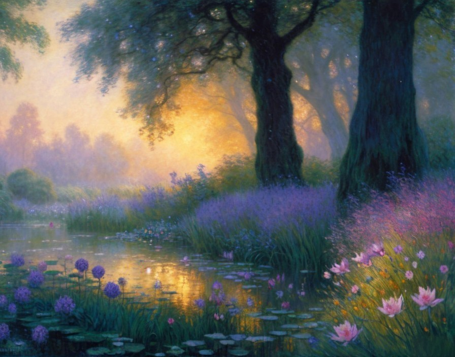 Serene Dawn Landscape with Trees and Tranquil Pond