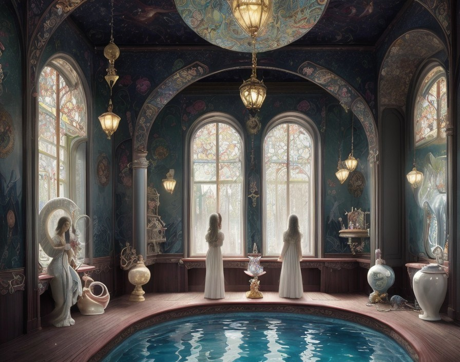 Opulent room with painted walls, stained glass, water feature, and women in white dresses.