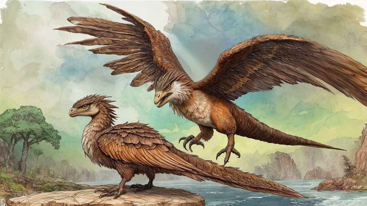 Mythical Bird-Reptile Creatures in Serene Landscape